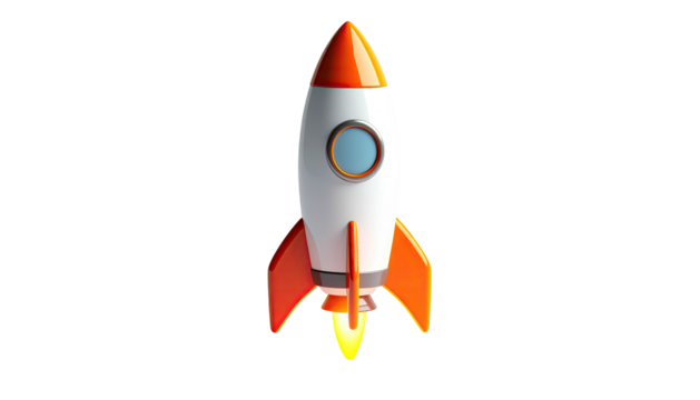 Cartoon rocket ship, white body, orange fins, flames, round window, space exploration themed