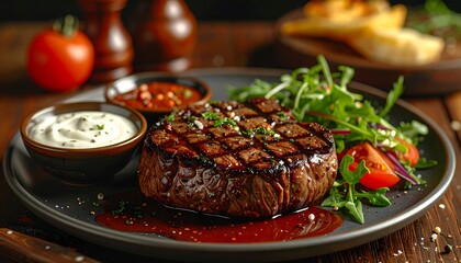 A grilled steak is presented on a plate with two sauces and a salad, set against a rustic wooden backdrop