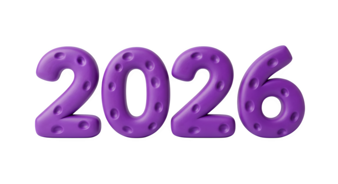 Bold purple 3d numbers spelling out the year 2026 against a black background