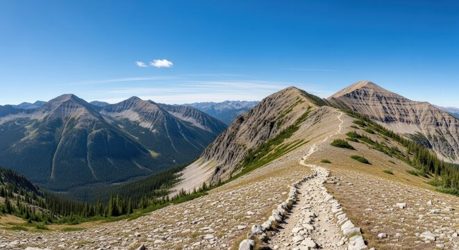Panoramic view of a rocky mountain ridge a hiking trail leading to the peaks under a clear blue sky