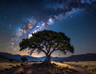 A lone, lush tree stands strong against a sweeping Milky Way and distant hills in the starry night