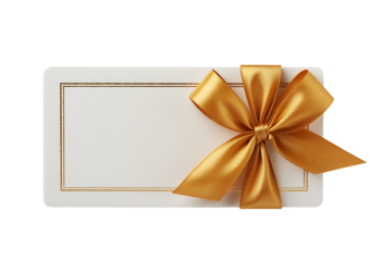 Blank gift card with golden border and shiny golden bow in upper right corner, gift certificate or coupon with elegant golden ribbon.PNG.png