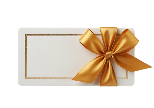 Blank gift card with golden border and shiny golden bow in upper right corner, gift certificate or coupon with elegant golden ribbon.PNG.png