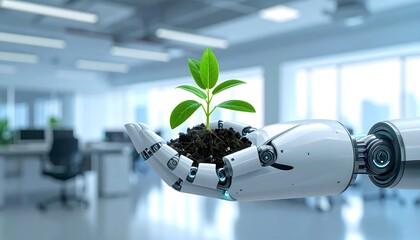 A robot hand cradles a small plant with soil in an office environment, suggesting growth and technology merging