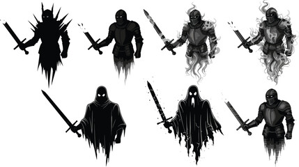 Dark ghost knights and shadow warriors with swords, spectral medieval fighters in armor, haunted warriors for fantasy and horror art.