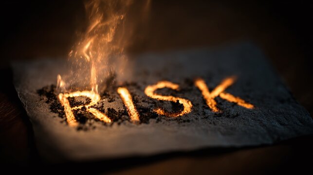 Burning risk concept with fiery letters, symbolizing financial danger and investment choices under pressure, perfect for business and finance themes