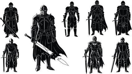 Dark armored knights with swords, medieval warriors in gothic armor for fantasy games, epic battles, and dark hero designs.