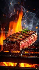 A grilled steak on a grate, ablaze with flames and smoke, seasoned with rosemary, creates a fiery, savory scene