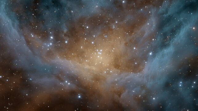 A brilliant star cluster is illuminated within a backdrop of vast swirling cosmic nebulae and interstellar gas