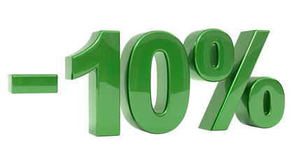 Green 3D glossy metallic minus ten percent symbol against a neutral gray background