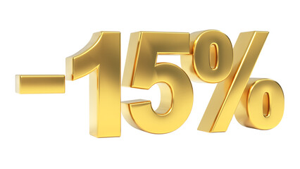 Gold 3D glossy metallic minus fifteen percent symbol against a neutral gray background