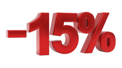 Red 3D glossy metallic minus fifteen percent symbol against a neutral gray background