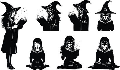 Witch reading a magic book silhouette set, mystical woman casting spells, gothic fantasy witchcraft illustration in black and white.