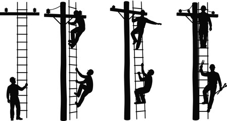 Silhouette set of electrical linemen climbing utility poles with ladders and tools, industrial worker vector illustration for energy and safety design.