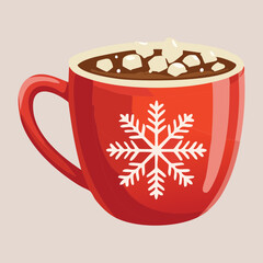 Cozy red mug of hot chocolate cocoa with melting marshmallows and snowflake decoration a perfect winter comfort beverage - Vector Illustration