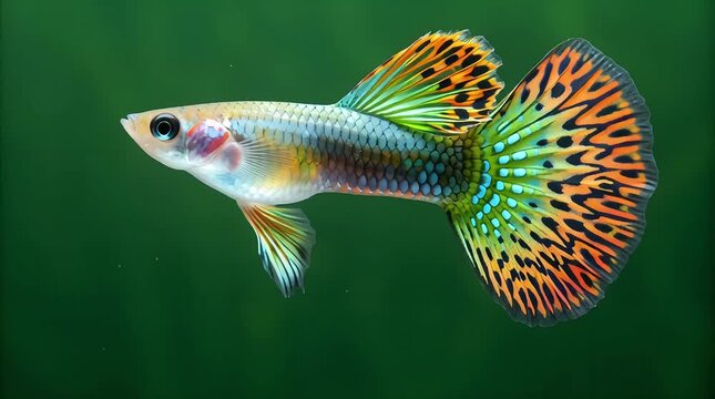 A guppy fish with colorful patterned tail, isolated on a dark green background