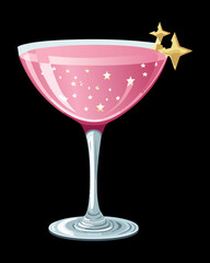 Glamorous pink cocktail drink with gold star garnishes in a classic martini glass ready for a sophisticated holiday celebration - Vector Illustration
