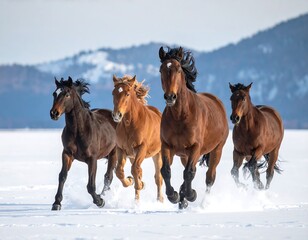 A group of horses gallops together through a snow-covered field, with mountains visible in the distance