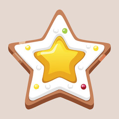 Festive star-shaped sugar cookie decorated with bright white and yellow icing and colorful sprinkles a cheerful holiday treat - Vector Illustration