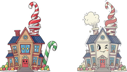Whimsical candy houses with expressive faces, vector illustration of cheerful and distressed gingerbread homes for festive or metaphorical design