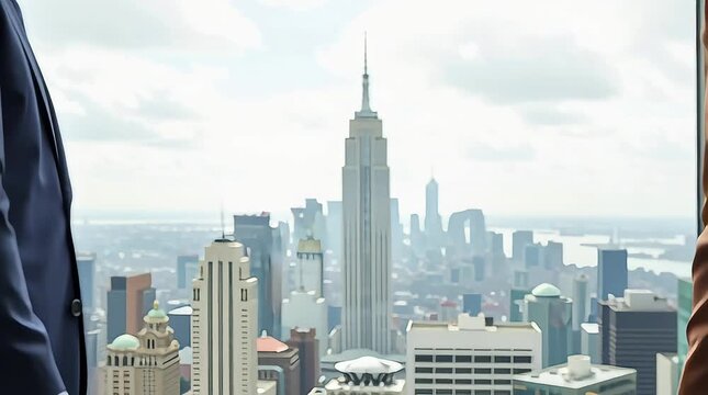 two business professionals shaking hands against a backdrop of a city skyline, with the iconic Empire State Building visible