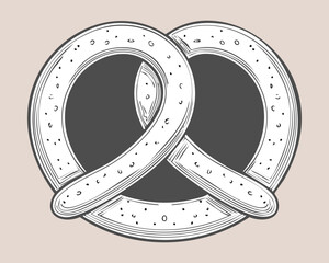 Traditional soft baked pretzel with salt or sugar toppings in a black and white outline style for a classic confectionery design - Vector Illustration