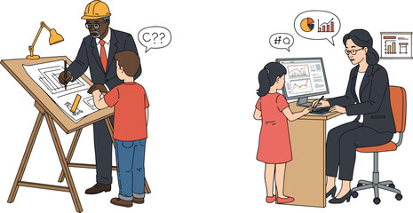 Professionals mentoring children, vector illustration of career education with architect and analyst explaining tasks in workplace learning scenes