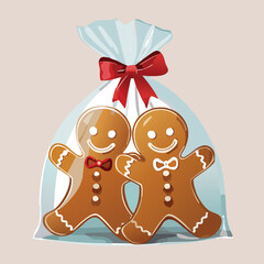 Two Smiling Gingerbread Man Cookies Holding Hands Packed in a Clear Plastic Bag with a Red Ribbon Bow - Vector Illustration