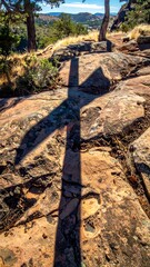 A rocky trail winds uphill through sparse trees, leading to distant homes under a bright blue, partly clouded sky