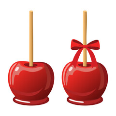 Two perfectly glossy and bright red candied apples on sticks, each adorned with a cute little red ribbon bow detail - Vector Illustration