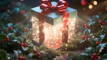 A glowing gift box with magical light, holiday present and christmas box festive sparkle scene evergreen wreath, red ribbon, holly berries, winter decor, cozy night celebration mood with enchanting - Powered by Adobe