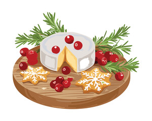 Elegant Christmas charcuterie board with brie cheese, red cranberries, sugared rosemary, and decorated ginger star cookies - Vector Illustration
