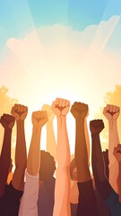 A group of raised fists against a bright, sunny sky, symbolizing unity and hope, possibly for social justice