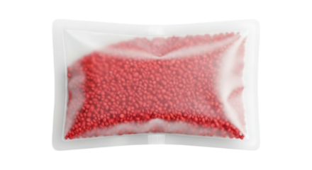 Frozen red berries in a sealed plastic bag on a white background
