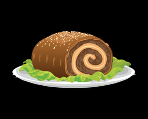 Savory roulade or meatloaf roll with filling, baked to a golden brown and served as a rustic centerpiece for a holiday meal - Vector Illustration