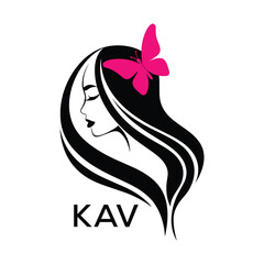 KAV Elegant Woman Hair Logo with Butterfly. KAV Beauty Salon, Hairdresser & Feminine Brand Identity KAV Modern Beauty Design.
