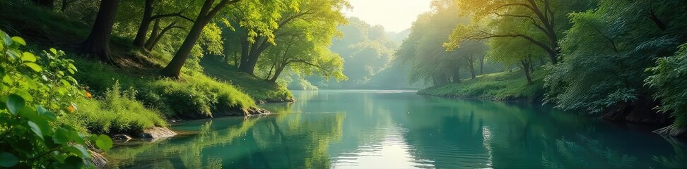 Serene nature scene perfect for relaxation; calming water, lush greenery, and soft sunlight evoke tranquility and peace , wellbeing, landscape, tranquil