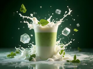 Pandan Drink Bar Setup with Floating Ingredients: A conceptual drink photography of pandan smoothies and lattes — with floating pandan leaves, coconut milk splashes, and ice cubes frozen mid-air.