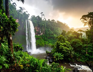 Lush waterfall in a tropical rainforest at sunset