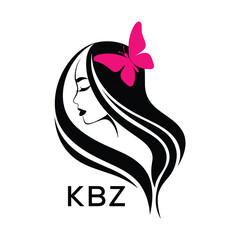 KBZ Elegant Woman Hair Logo with Butterfly. KBZ Beauty Salon, Hairdresser & Feminine Brand Identity KBZ Modern Beauty Design.
