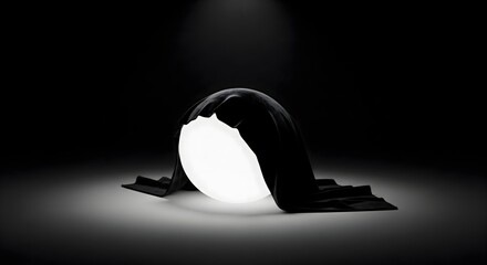 Glowing white sphere mostly concealed by a black velvet cloth on a dark studio background.