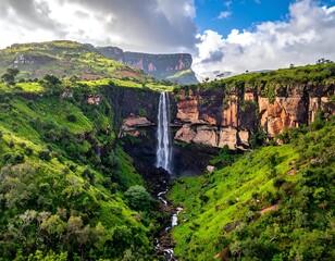 Lush waterfall cascading down rocky cliffs