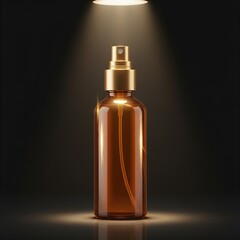 Amber oil spray bottle mockup, luxury cosmetic branding concept, isolated dark background
