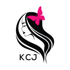 KCJ Elegant Woman Hair Logo with Butterfly. KCJ Beauty Salon, Hairdresser & Feminine Brand Identity KCJ Modern Beauty Design.
