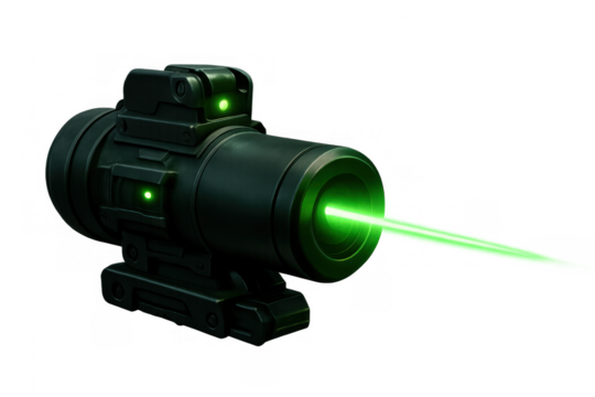 Green laser sight on a weapon accessory emitting a bright beam, representing advanced targeting technology and precision aiming