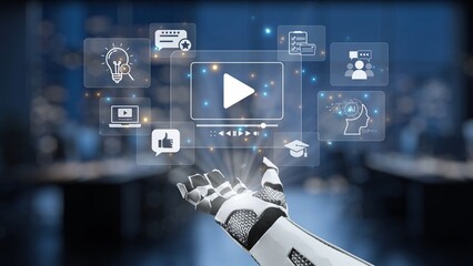 A futuristic robotic hand engages with various virtual media icons, highlighting the intersection of technology, innovation, and interactive communication in a modern workspace. Synapse