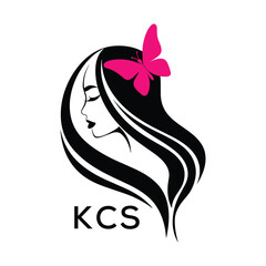 KCS Elegant Woman Hair Logo with Butterfly. KCS Beauty Salon, Hairdresser & Feminine Brand Identity KCS Modern Beauty Design.
