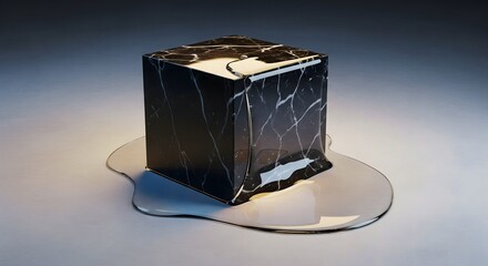 Black marble cube with white veining slowly melts, with clear liquid dripping and pooling on a light surface.