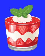 Layered strawberry and cream parfait dessert in a glass bowl, garnished with fresh mint leaves and a whole strawberry - Vector Illustration
