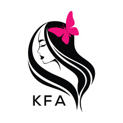 KFA Elegant Woman Hair Logo with Butterfly. KFA Beauty Salon, Hairdresser & Feminine Brand Identity KFA Modern Beauty Design.
